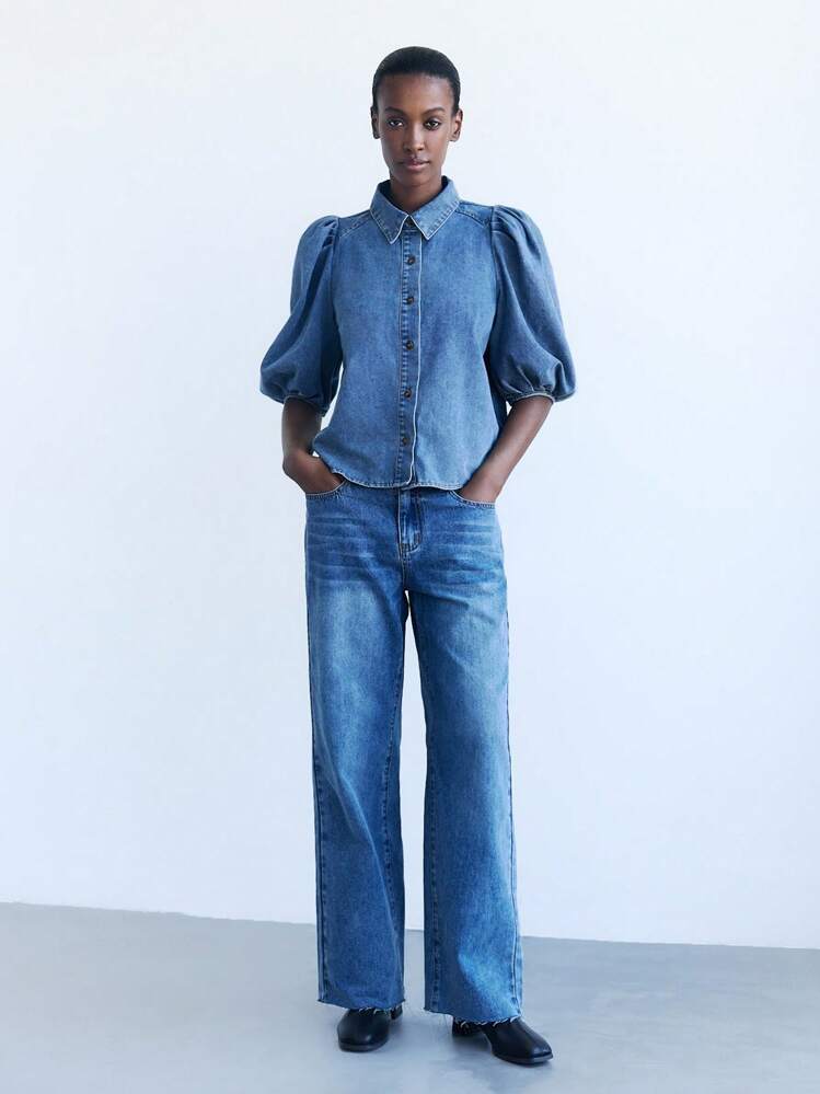 Maija 女式蓝色单排扣泡泡袖休闲牛仔衬衫 - 中等水洗藍 - 查看 2