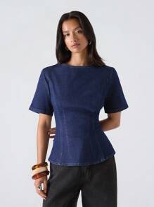 LYSMO 女士纯色圆领休闲短袖牛仔衬衫 - 藍色 - 查看 5