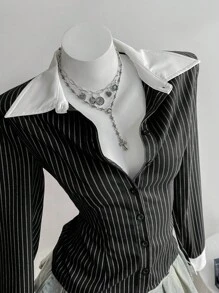 Elamini 黑色条纹亚麻面料撞色白领纽扣衬衫，复古优雅女士通勤休闲装，春秋季 - 黑色 - 查看 5