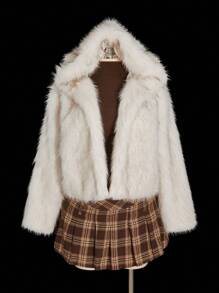 SHEIN ICON 加大码白色仿毛兔耳连帽蓬松大衣，甜美 Y2K 风格 - 白色 - 查看 9