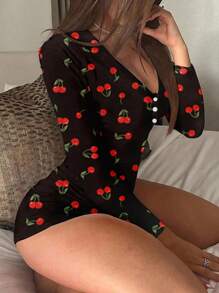 SHEIN SXY Damen lässiger Kirschblüten-Muster V-Ausschnitt Jumpsuit, figurbetonend mit Langarm, für Frühling/Herbst - Schwarz - Übersicht 4