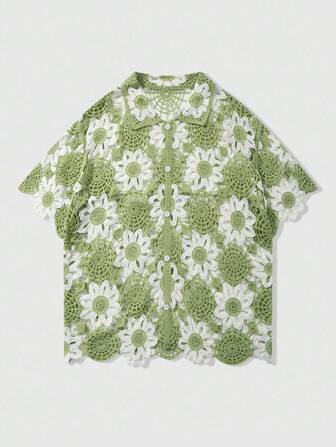 Street Life Pull tricoté à motif floral contrasté et ajouré pour hommes