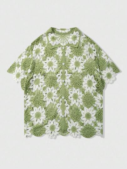 Street Life كنزة صوفية صوفية مزخرفة بالأزهار ذات تصميم مفرغ للرجال