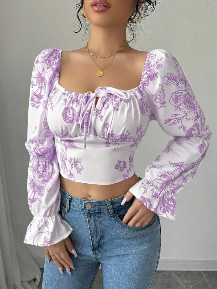 SHEIN Raffinéa 女式白色碎花喇叭袖方领抽绳衬衫 - 淡紫色 - 查看 6