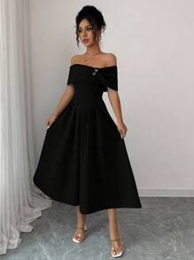 Elenzga Đầm midi xòe tay ngắn hở vai đính đá thời trang dành cho nữ - màu đen - Xem 4