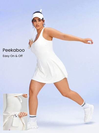 GLOWMODE Vestido Mini Peekaboo FeatherFit™-Air con shorts incorporados, cuello cuadrado, tirantes cruzados antideslizantes, soporte ligero y de impacto bajo