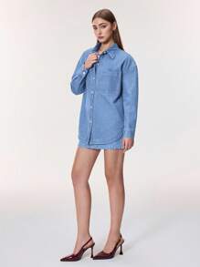 Selenza 女式落肩长袖单排扣口袋休闲牛仔衬衫 - 中等水洗藍 - 查看 9