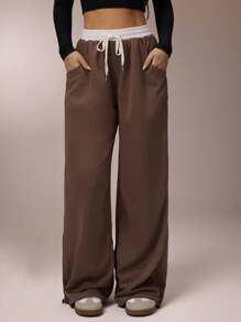 Avantive 夏季新款宽松撞色腰带阔腿女运动裤 - 咖啡棕 - 查看 3