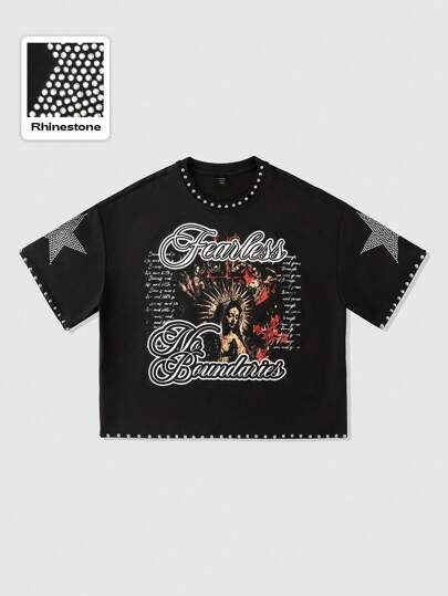 Street Life T-shirt à manches courtes pour hommes avec imprimé de rivets scintillants et diamants, style ample et court, style années 2000