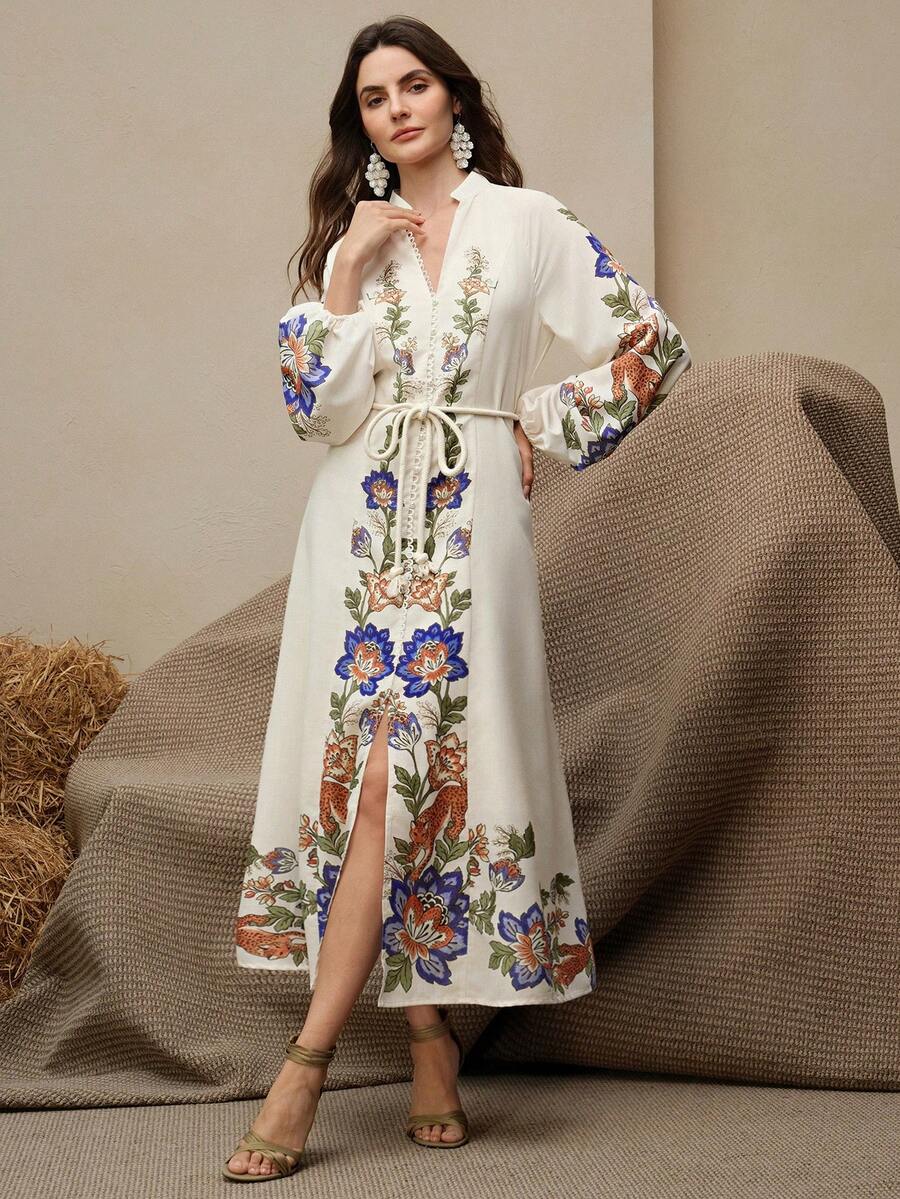 Anewsta Đầm nữ in hoa tay phồng dáng rộng thanh lịch phong cách Boho, đầm nữ. - Màu be - Xem 1