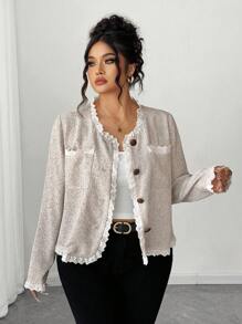 Elenzga Plus Size Women Elegant Lace Trim Cardigan Fall Winter Cloth For Women Autumn - Multicolor - View 4