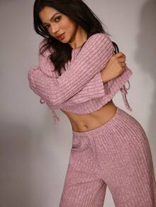 SHEIN 女士休闲拉绒 V 领褶饰抽绳女士长袖上衣和裤子睡衣两件套休闲套装，罗纹休闲套装，舒适套装女士粉色休闲套装舒适套装，秋季服装 - 藕粉色 - 查看 1