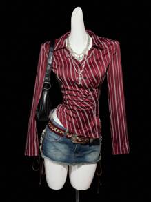 SHEIN ICON Women's Red Striped Oblique Placket Waist Ruched V-Neck Long Sleeve Casual Vacation Sexy Blouse Western Blouses