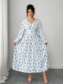 Elenzga Plus Size Women's Elegant Lantern Sleeve Split Thigh Ditsy Floral Crossed V-Neck Maxi Dress Fall Cloth For Women - Blue and White - View 3