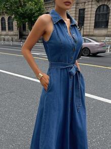 DAZY 女士休闲水洗牛仔无袖系带领连衣裙 夏季女装连衣裙 - 中等水洗藍 - 查看 6