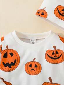 SHEIN 男婴万圣节南瓜脸印花长袖连体衣，带帽子，春秋季，适合万圣节派对 - 彩色 - 查看 7