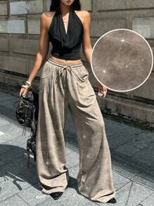 Coolane Pantalon long brillant vintage pailleté décontracté mode de rue d'été pour femmes