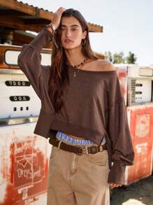 Easelle 女牛仔复古西部女式休闲宽松落肩纯色运动衫秋冬女装不对称下摆剪裁复古水洗 - 咖啡棕 - 查看 8