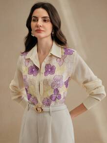 Anewsta Áo dài tay màu be thêu mới dành cho nữ, áo thanh lịch - Màu tím - Xem 6