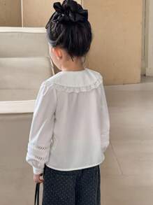 SHEIN Young Girl Lace Applique Ruffle Sleeves Ruffle Trim Lapel Shirt, Holiday, Fall And Winter Season, Travel, Back To School Season, School, Party - White - View 2