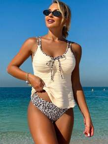 Swim Lushoire Ladies' Summer Beach Music Festival Beige Special Fabric Leopard Print Flowing Hem Slimming Knot Shoulder Strap Elegant Vacation Style Tankini Set - Multicolor - View 1
