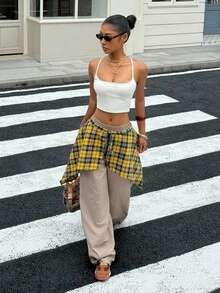 SHEIN EZwear 女式格子纯色拼接街头风格裤子 - 卡其色 - 查看 3