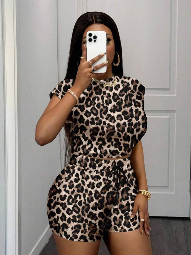Slaydiva Women Casual Leopard Print Sleeveless Crop Top And Shorts 2 Pieces Set, Suitable For Summer, Beach Vacation, Sexy Suitable For Going Out - Multicolor - View 6