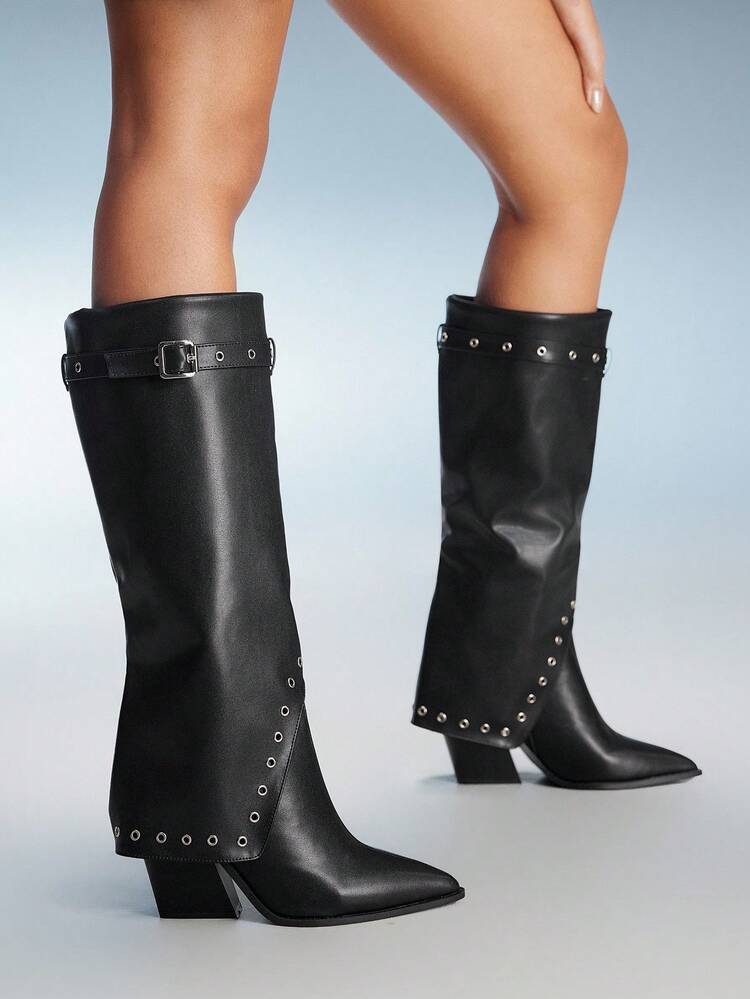 CUCCOO GRLICON Women's Black Patchwork Black Tall Boots, Western Style Stacked Heel Pointed Toe Boots - Black - View 4