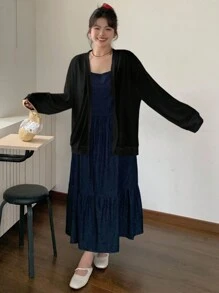 Dazy Plus Top ample casual à manches dolman ouvert devant en couleur unie grande taille