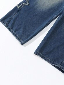 Tween Girls Y2K 休闲松紧腰星星刺绣水洗蓝阴影磨损下摆阔腿宽松百搭百搭日常穿着四季热销直筒牛仔裤，街头服饰 - 中等水洗藍 - 查看 4