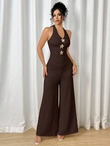 Modelyn 女式金属扣无袖细肩带短款上衣和阔腿连体裤 - 咖啡棕 - 查看 4