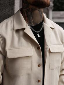 Manfinity CasualCool Men's Solid Color Minimalist Casual Long Sleeve Button Up Beige Shacket , Fall - Apricot - View 3