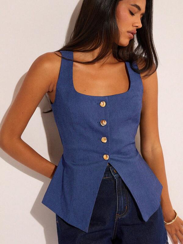 COSMINA Camiseta de tirantes de efecto denim con botones delanteros y bajo con abertura para mujer, de estilo casual de verano