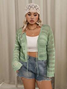 SHEIN VCAY 大码女士度假休闲纯色镂空针织短款开衫、长袖上衣 - 薄荷綠 - 查看 4