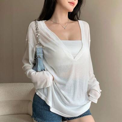여성용 루즈핏 캐주얼 베이직 딥 브이넥 긴팔 티셔츠, 가을, 봄, 여름에 적합한 여성복
