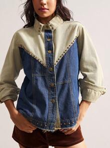 Bohemela 秋冬 BOHO 休闲梭织拼布撞色牛仔长袖女衬衫 - 彩色 - 查看 6