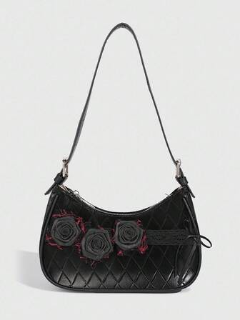 1 Stück Vintage Gothic Stil Schwarze getrocknete Rose Umhängetasche, Rautenkaro Schwarz Mini Quadrat Tasche, hochwertige Nischen Unterarmtasche Halbmond Tasche (2 Schultergurte)