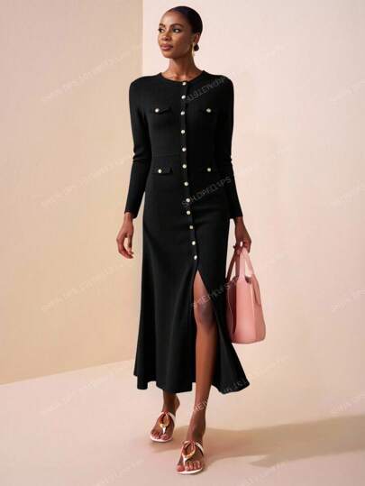 Zivah 20  New Autumn And Winter Casual And Elegant Round Neck Sleeveless Bag Flap Decorated With Metal Buckles Fishtail Skirt Hip Skirt With Open Placket Black Textured Knitted Fabric Long-Sleeved Women Lo Midi Black Dress Button Dress French Style Dress Long Sleeve Midi Dress Black Midi Dress,Work Dresses