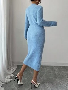 Elenzga Femei toamna/iarna nou guler rotund mânecă lungă scurt blană artificială de nurcă buzunar moale nasture metalic design high-end elegant cardigan tricotat fustă set 2 piese