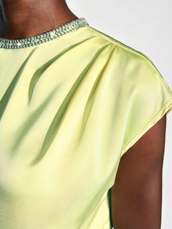 Maija Women's Elegant Commuter Rhinestone Decor Cap Sleeve Blouse, Summer Pastel Yellow Top Embellished Neck Top Pale Yellow Top Butter Yellow Tops Sequin