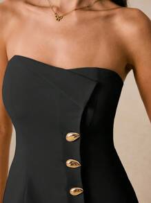 Poéselle Bộ đồ hai mảnh nữ cài nút kim loại, cổ áo bất đối xứng, váy thanh lịch, áo ống cài nút kim loại và chân váy cơ bản 2 món/bộ, áo nịt ngực màu trơn và chân váy ngắn, bộ đồ hai mảnh cho nữ, trang phục sinh nhật cho nữ, bộ trang phục cho nữ, bộ đồ hai mảnh, váy, trang phục hai mảnh mùa hè, trang phục hòa nhạc đồng quê, trang phục dạo phố, trang phục đi chơi cho nữ - màu đen - Xem 6