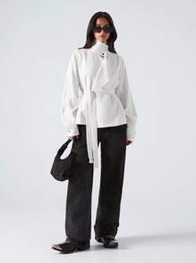 LYSMO Áo khoác trench coat dài tay cổ lọ kẻ sọc thời trang đa năng cho nữ mùa thu/đông - trắng - Xem 6