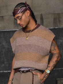 AXEPEAK Chaleco de punto casual de moda con cuello redondo y contraste de color para hombre, otoño e invierno - Multicolor - Ver 4