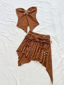 Soleia Women's Brown Music Festival Party Sexy Cowgirl Style Beach Casual Drawstring Waist Asymmetric Ruffle Hem Mini Skirt And Top Y2K Outfit Brown Two Piece Set Boho Two Piece Set Beach Skirt Set Earthy Two Piece Set Asymmetrical Skirt Set,Winter Set ,Fall Outfits For Women ,Halloween Costume For Women,Women's Set, Havana Nights Outfit Earthy Tops,Party