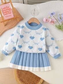 SHEIN 两件套女童毛衣套装，提花爱心图案，可爱简约，日常穿着。女童蓝色毛衣裙套装，女童毛衣裙，幼儿女童毛衣裙套装，女婴蓝白套装，女童春季毛衣裙，幼儿女童毛衣，女童秋季套装，女童冬季服装，儿童秋季服装。 - 藍色 - 查看 1