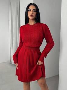 EURMUSE Vestido curto de malha com decote redondo casual, cor sólida, malha plissada, formato A, para o Natal - Vermelho - Ver 3