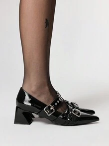 ROMWE Grunge Punk Giày cao gót mũi nhọn thanh lịch bằng da sơn mài - màu đen - Xem 4