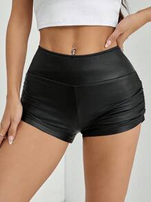 SHEIN PETITE 女士纯色褶皱黑色 PU 皮革短款紧身裤 - 黑色 - 查看 9