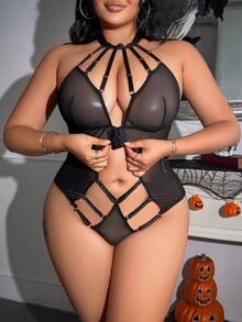 Fantasy Costume 3 件套加大码性感网眼内衣套装，无钢圈，万圣节适用