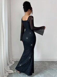 Elenzga 女式网眼拼布亮片粉腰修身正式黑色中长连衣裙，优雅适合日常、派对和约会场合，适合女性秋季穿着 - 黑色 - 查看 2